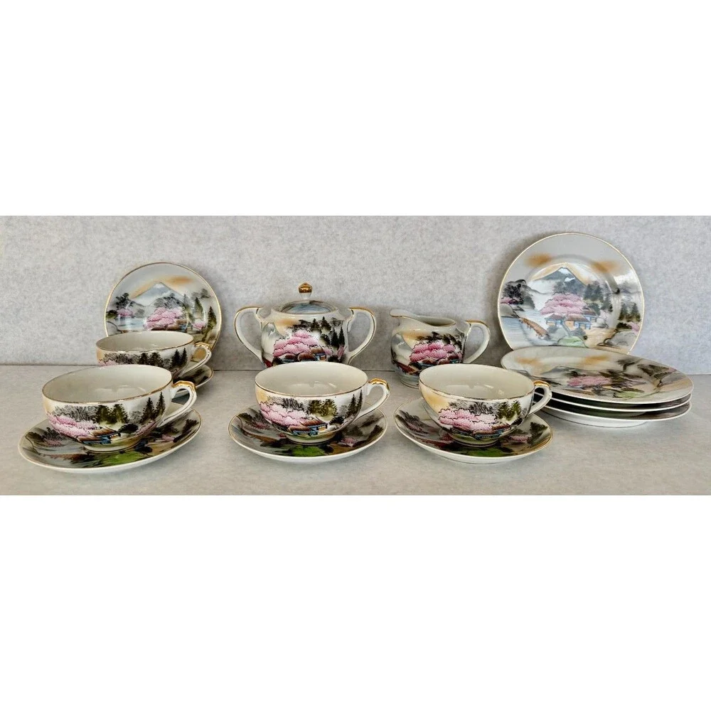 Lithphane Tea Set Blue Pink White Geisha Girl